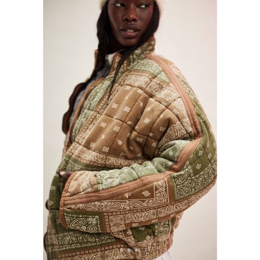 Free People Printed Dolman Quilted Knit Jacket Bandana Army Green Small S NEW